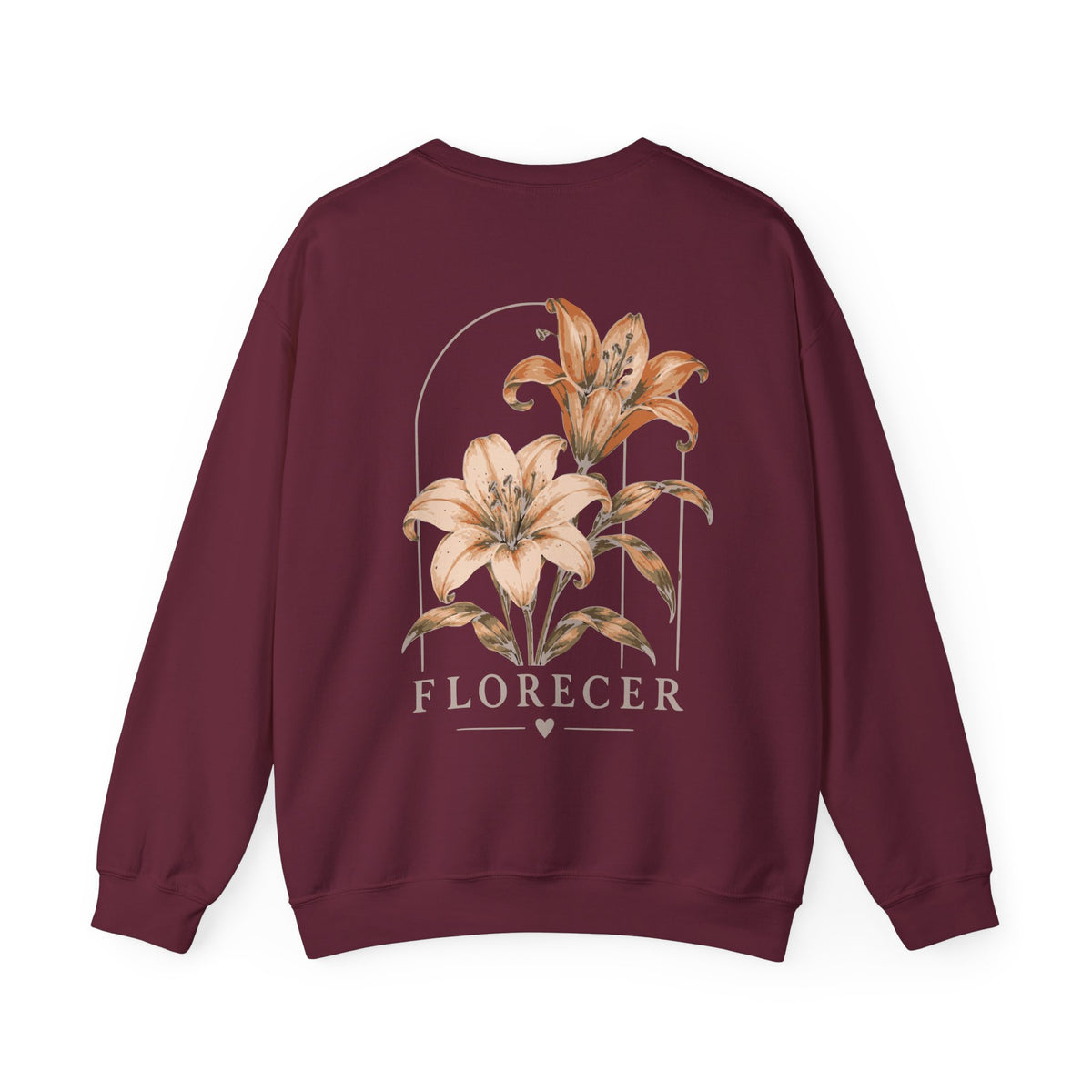 A maroon crewneck sweatshirt featuring a large graphic print of two lilies on the front. The graphic includes the word 'FLORECER' in a serif font below the flowers.