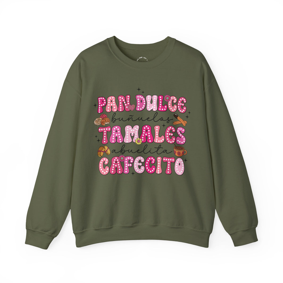 An olive green crewneck sweatshirt featuring a colorful graphic print on the front with the Spanish text 'Pan Dulce Bunuelas Tamales Abuelita Cafecito' in pink and brown donut-style lettering with small illustrations of food items.