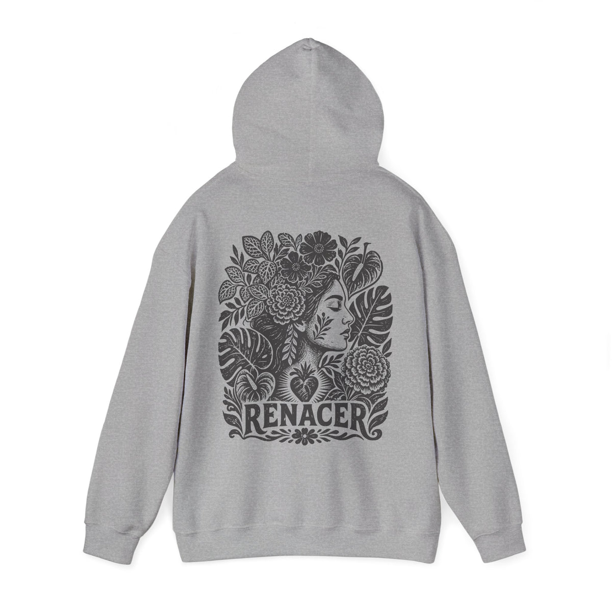 A light gray pullover hoodie shown from the back, featuring a large black graphic print of a woman's profile surrounded by flowers and leaves, with the word 'RENACER' printed below.