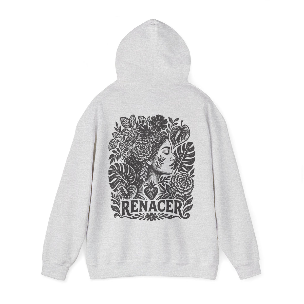 A light gray heather pullover hoodie shown from the back, featuring a large black graphic print of a woman's profile surrounded by flowers and leaves, with the word 'RENACER' printed below.