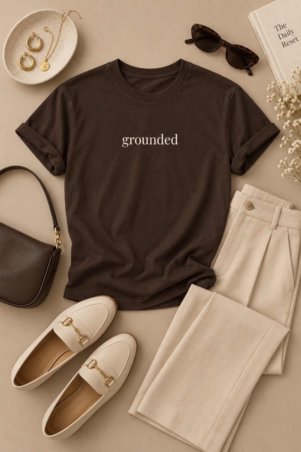 Grounded Shirt | Minimalist Calm Tee, Centered Word Cotton T-Shirt