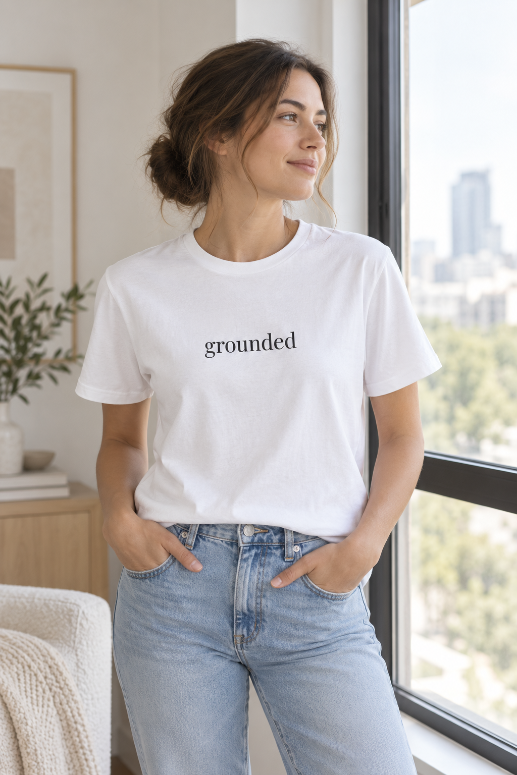 Grounded Shirt | Minimalist Calm Tee, Centered Word Cotton T-Shirt