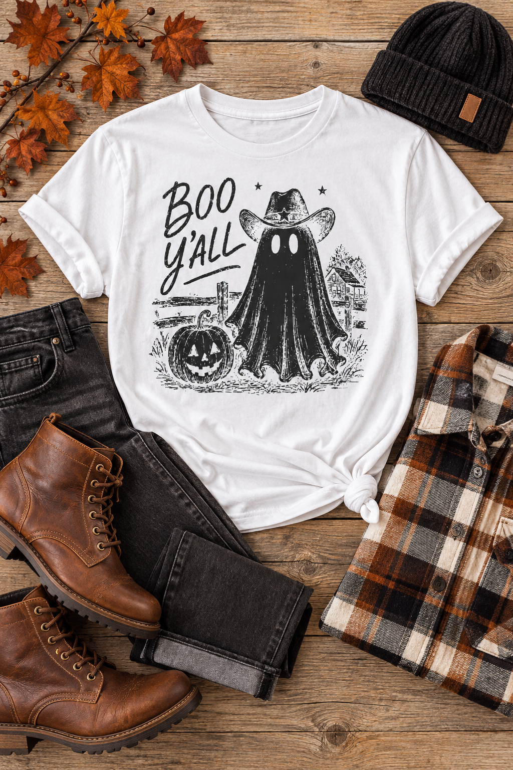 Boo Y'all Halloween T-Shirt: Western Ghost, 100% Cotton