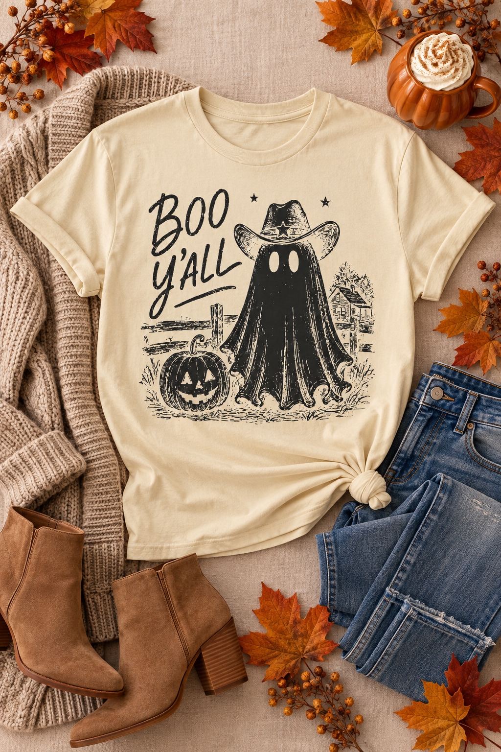 Boo Y'all Halloween T-Shirt: Western Ghost, 100% Cotton