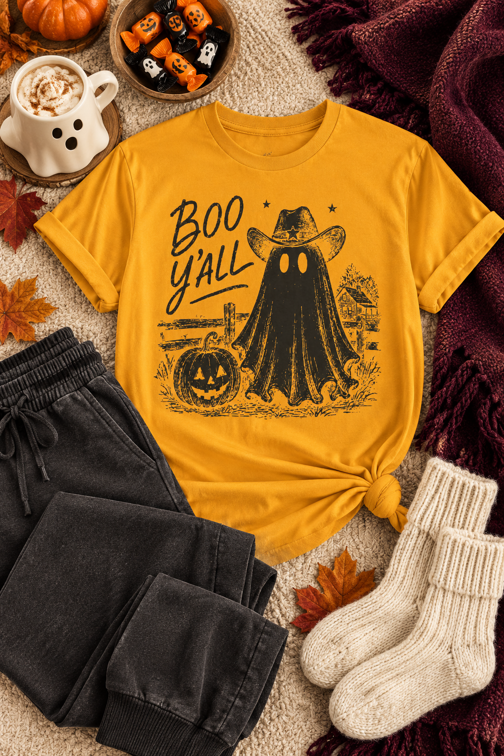 Boo Y'all Halloween T-Shirt: Western Ghost, 100% Cotton