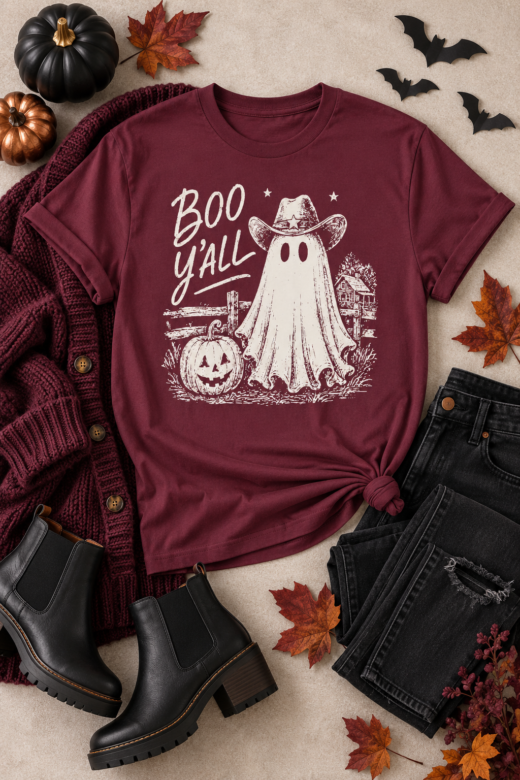 Boo Y'all Halloween T-Shirt: Western Ghost, 100% Cotton