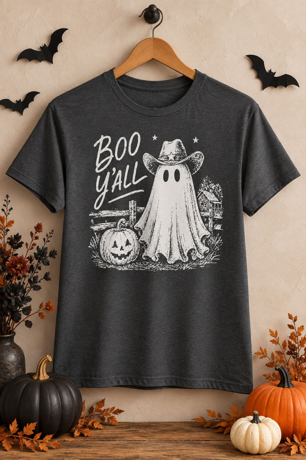 Boo Y'all Halloween T-Shirt: Western Ghost, 100% Cotton