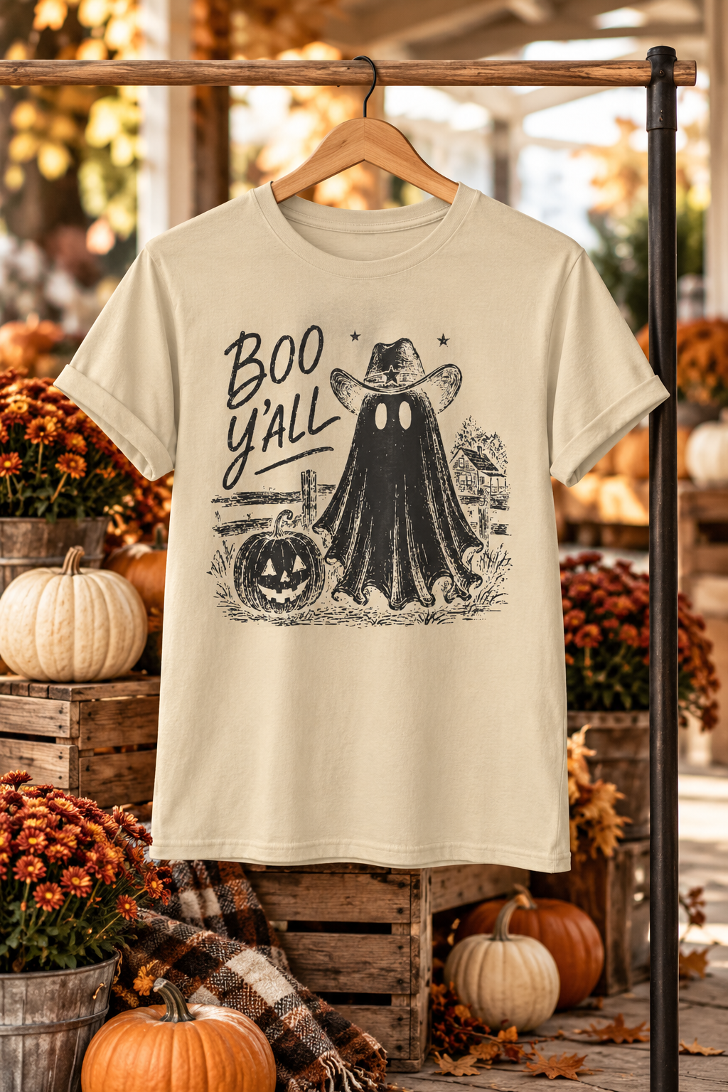 Boo Y'all Halloween T-Shirt: Western Ghost, 100% Cotton