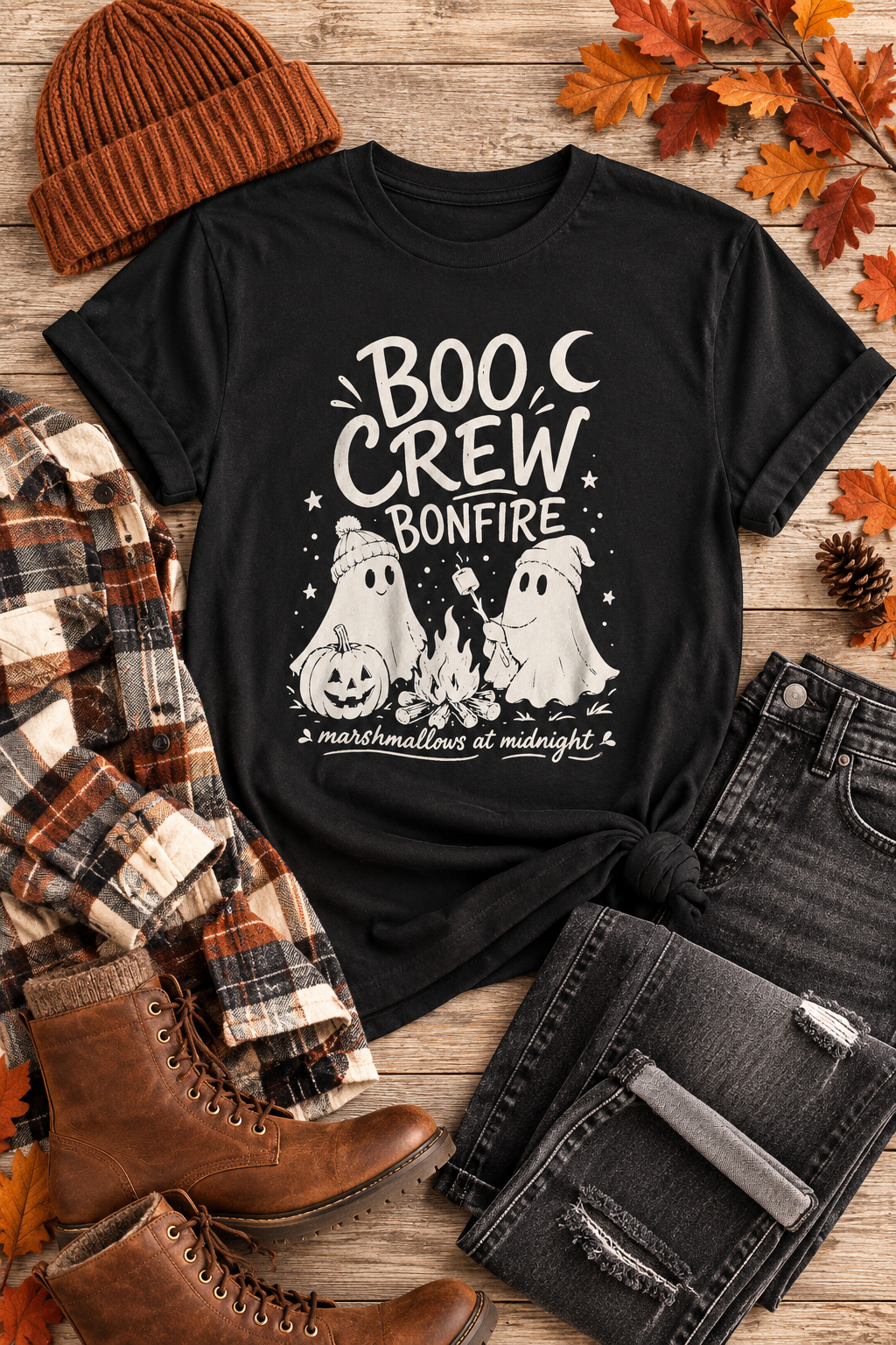 Boo Crew Ghost Bonfire Tee, Camping Outfit, Halloween Top, Fall Festival Casual Wear