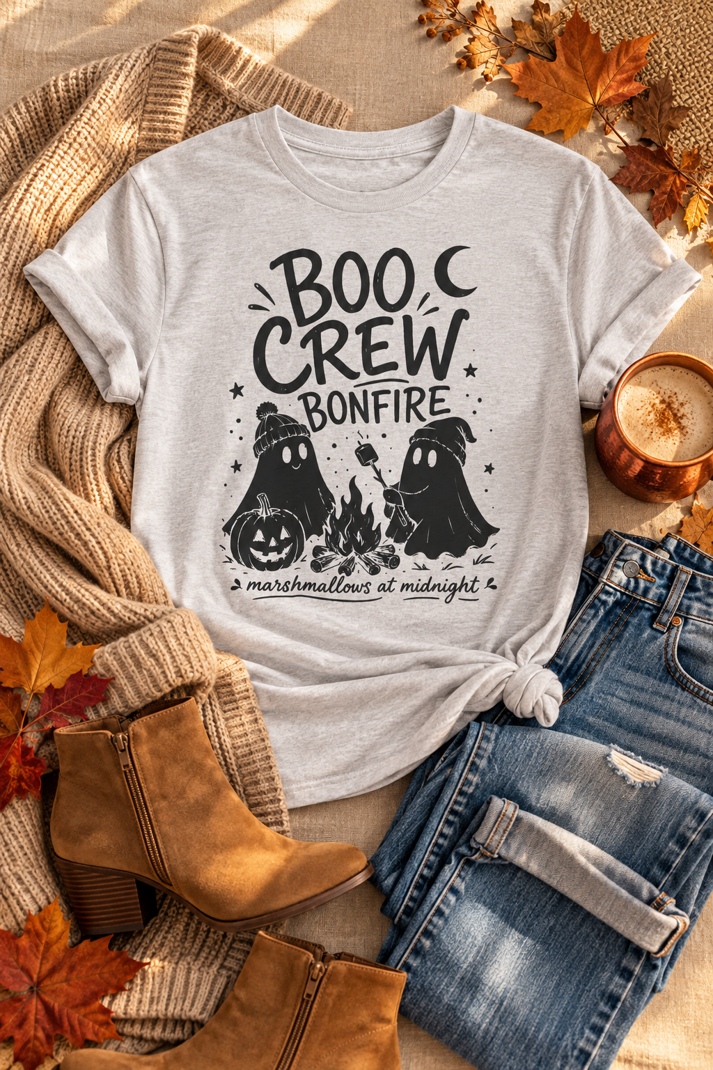 Boo Crew Ghost Bonfire Tee, Camping Outfit, Halloween Top, Fall Festival Casual Wear