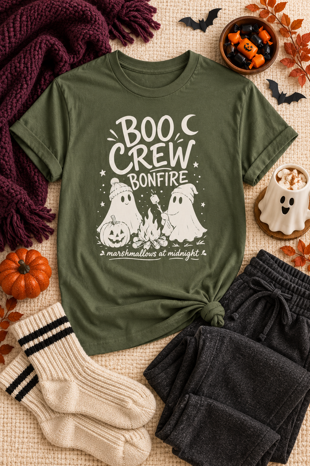 Boo Crew Ghost Bonfire Tee, Camping Outfit, Halloween Top, Fall Festival Casual Wear