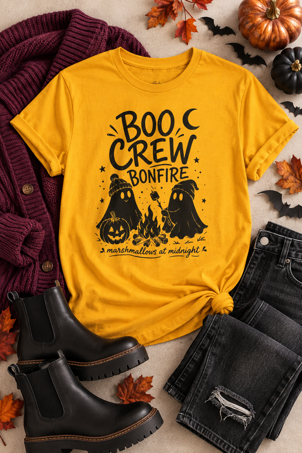 Boo Crew Ghost Bonfire Tee, Camping Outfit, Halloween Top, Fall Festival Casual Wear