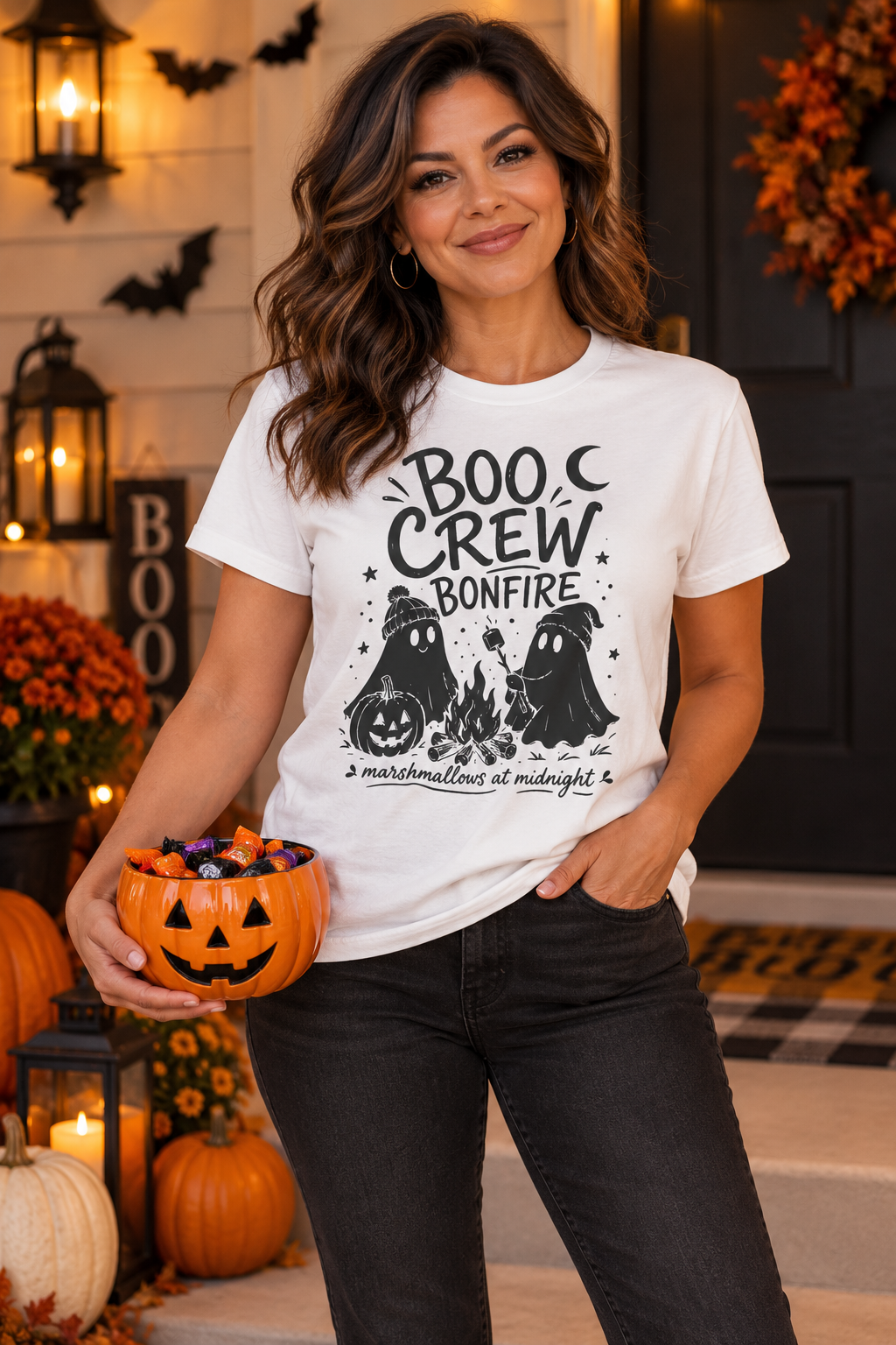 Boo Crew Ghost Bonfire Tee, Camping Outfit, Halloween Top, Fall Festival Casual Wear