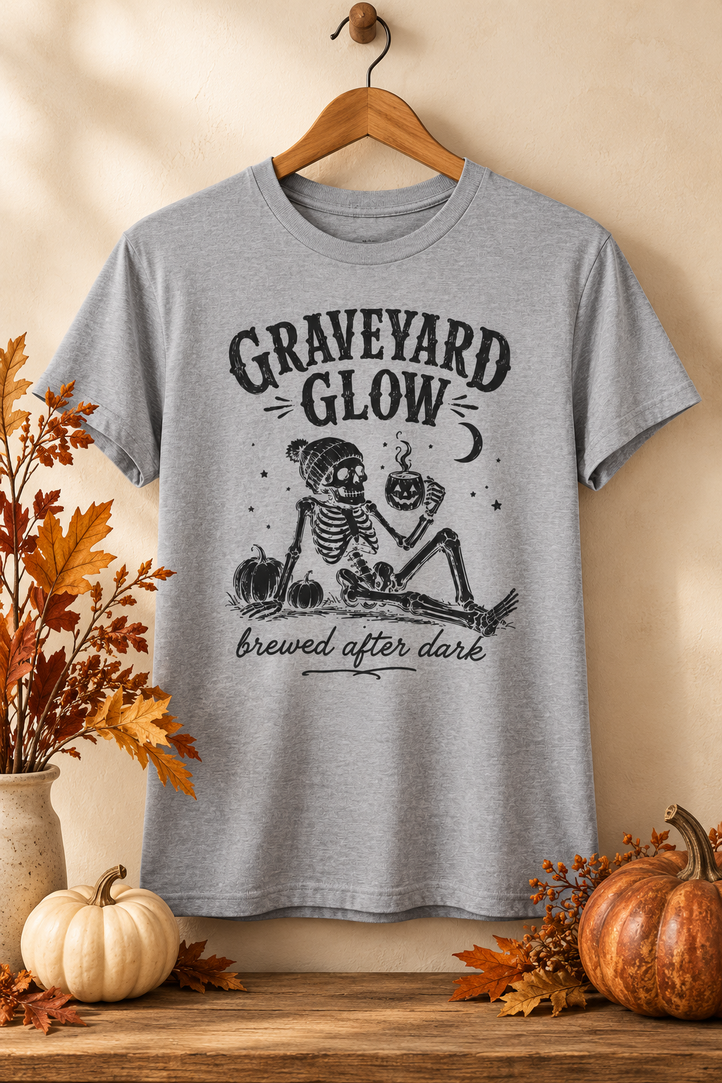 Halloween Coffee T-Shirt: Graveyard Glow Skeleton, Coffee Lover Gift,  100% Cotton
