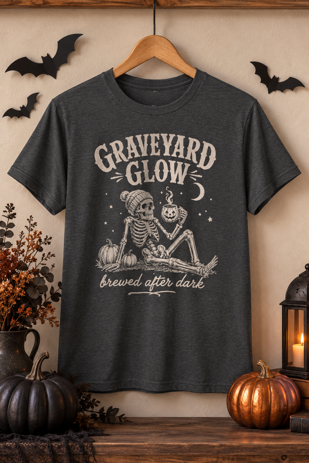 Halloween Coffee T-Shirt: Graveyard Glow Skeleton, Coffee Lover Gift,  100% Cotton