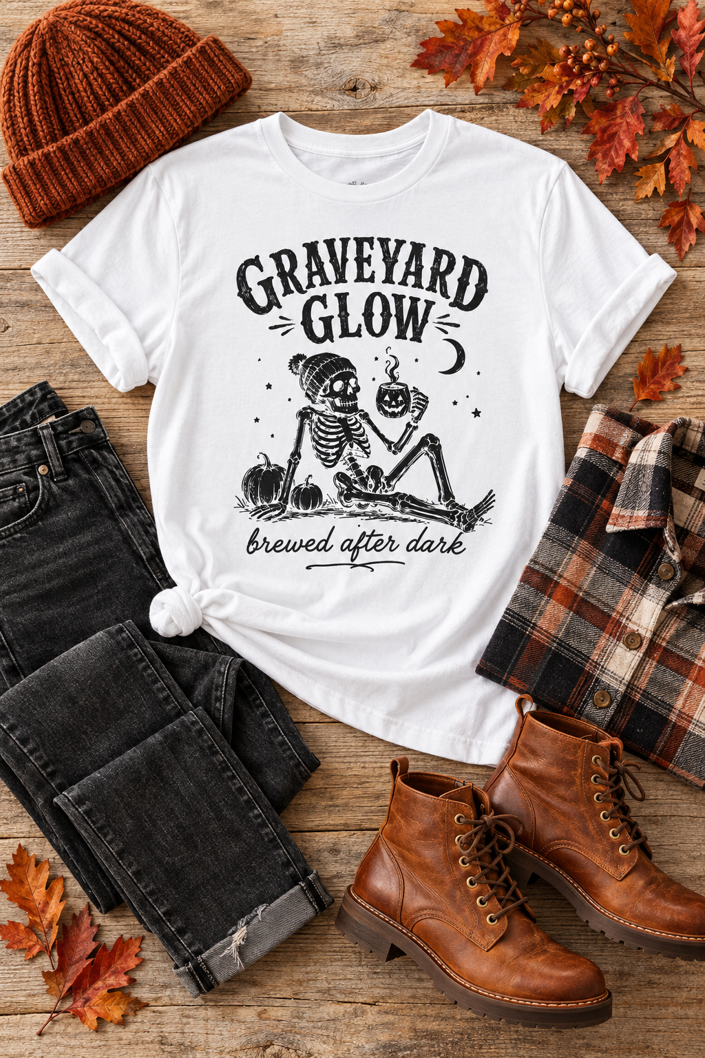 Halloween Coffee T-Shirt: Graveyard Glow Skeleton, Coffee Lover Gift,  100% Cotton