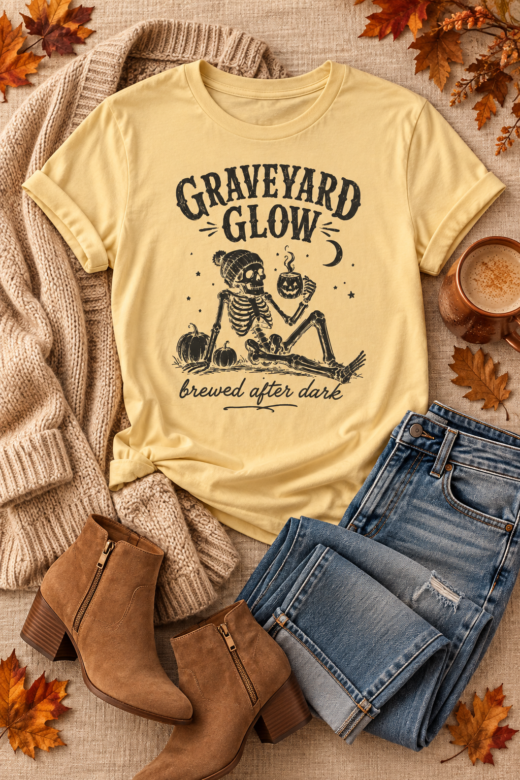 Halloween Coffee T-Shirt: Graveyard Glow Skeleton, Coffee Lover Gift,  100% Cotton