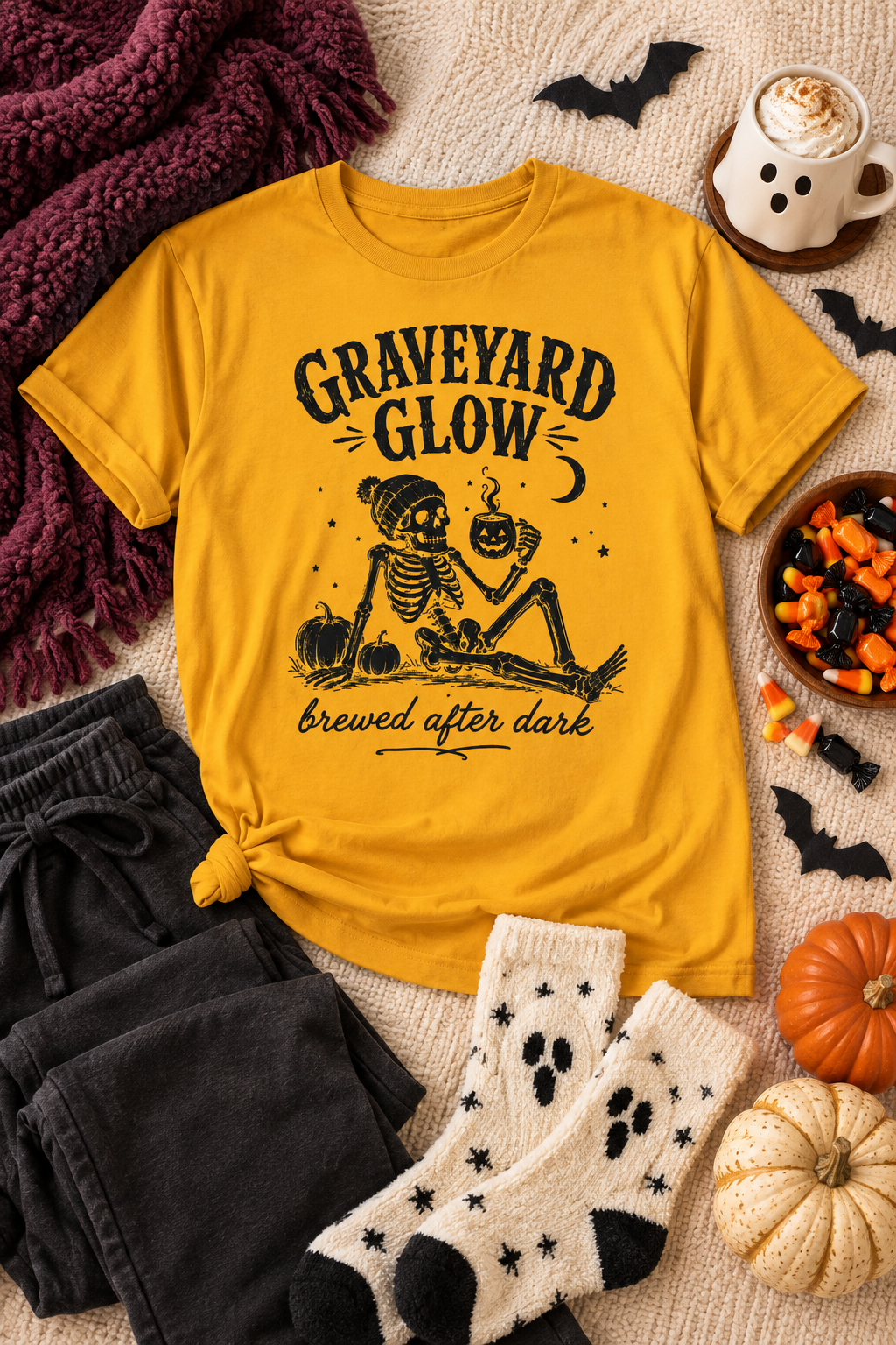 Halloween Coffee T-Shirt: Graveyard Glow Skeleton, Coffee Lover Gift,  100% Cotton