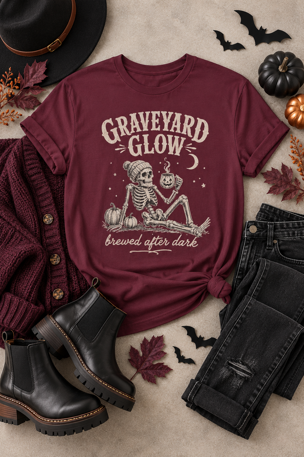 Halloween Coffee T-Shirt: Graveyard Glow Skeleton, Coffee Lover Gift,  100% Cotton