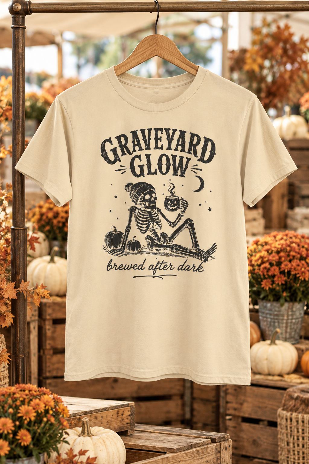 Halloween Coffee T-Shirt: Graveyard Glow Skeleton, Coffee Lover Gift,  100% Cotton