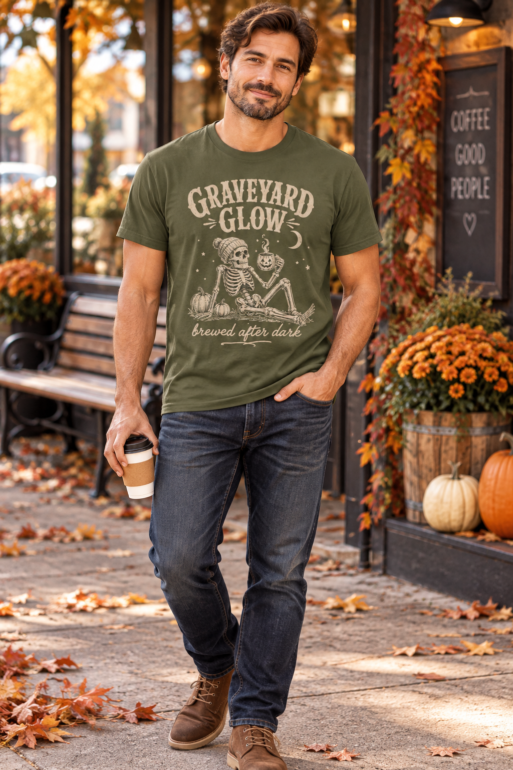 Halloween Coffee T-Shirt: Graveyard Glow Skeleton, Coffee Lover Gift,  100% Cotton