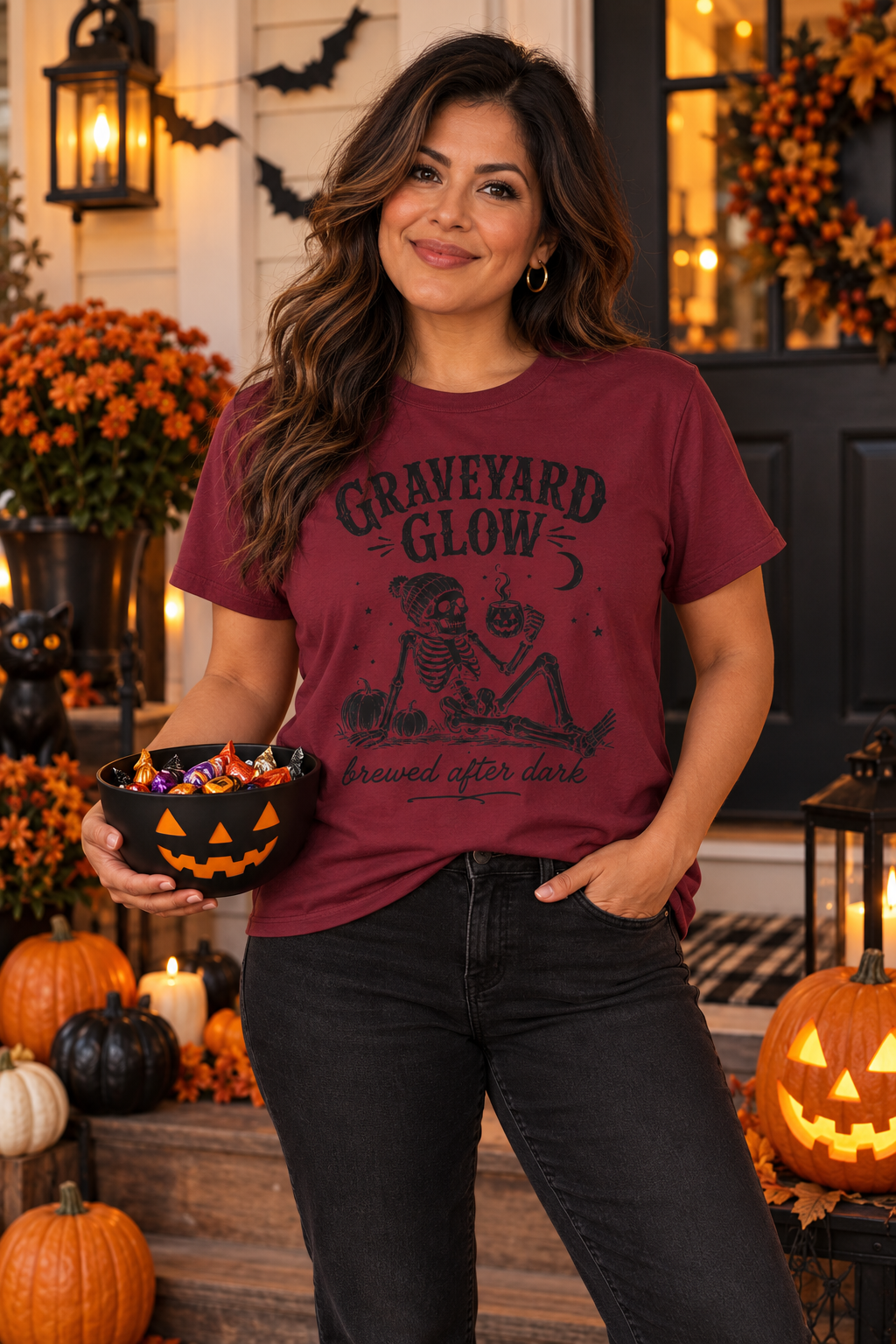 Halloween Coffee T-Shirt: Graveyard Glow Skeleton, Coffee Lover Gift,  100% Cotton