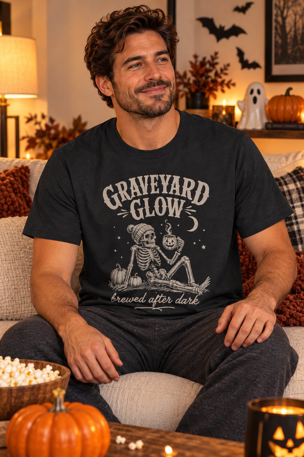Halloween Coffee T-Shirt: Graveyard Glow Skeleton, Coffee Lover Gift,  100% Cotton