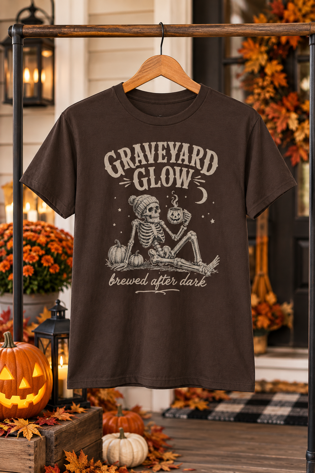 Halloween Coffee T-Shirt: Graveyard Glow Skeleton, Coffee Lover Gift,  100% Cotton