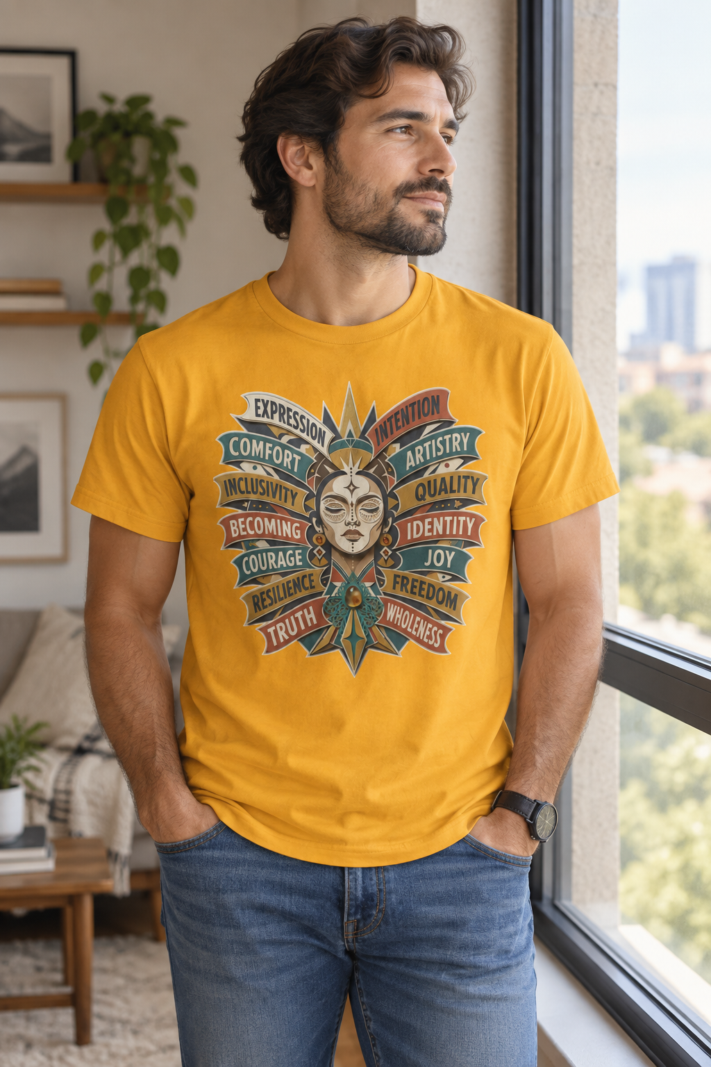 Self Expression Graphic Tee: Art Deco Becoming Words, 100% Cotton
