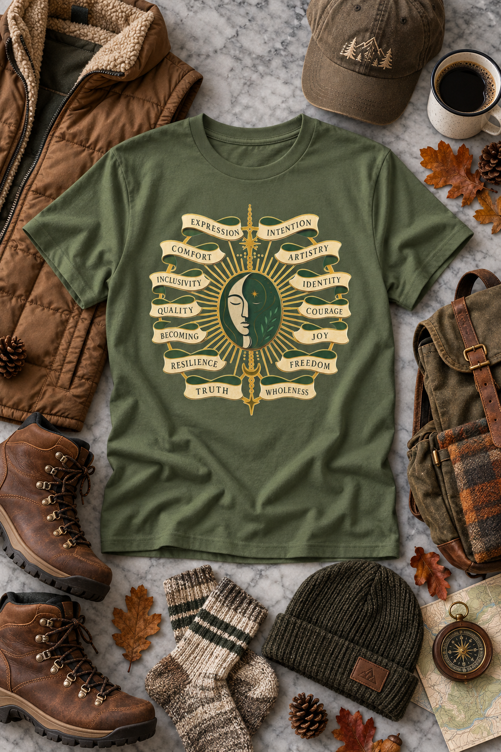 Personal Growth Graphic Tee: Celestial Face and Becoming Words