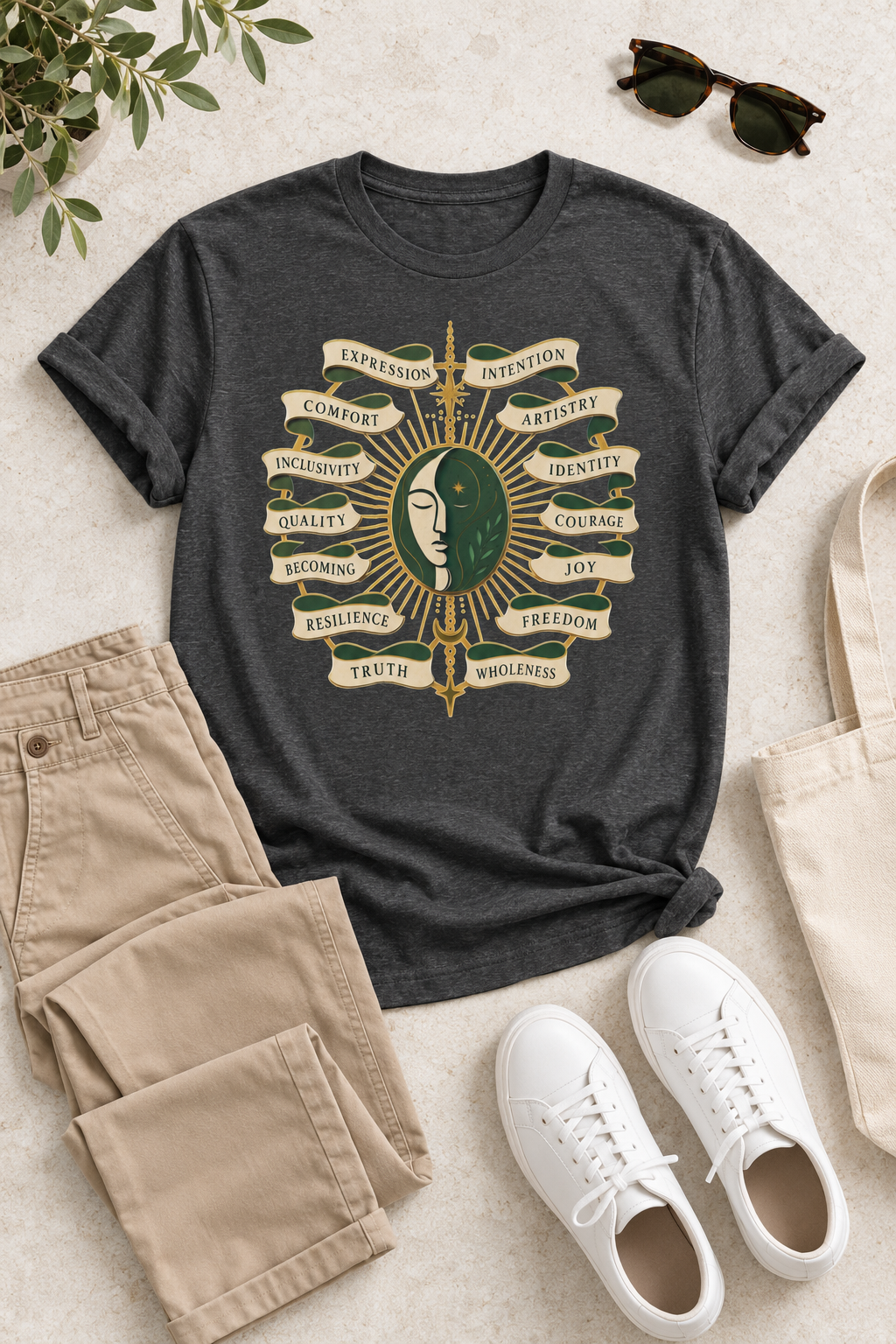 Personal Growth Graphic Tee: Celestial Face and Becoming Words