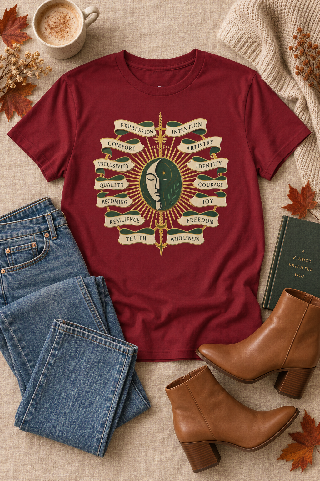 Personal Growth Graphic Tee: Celestial Face and Becoming Words