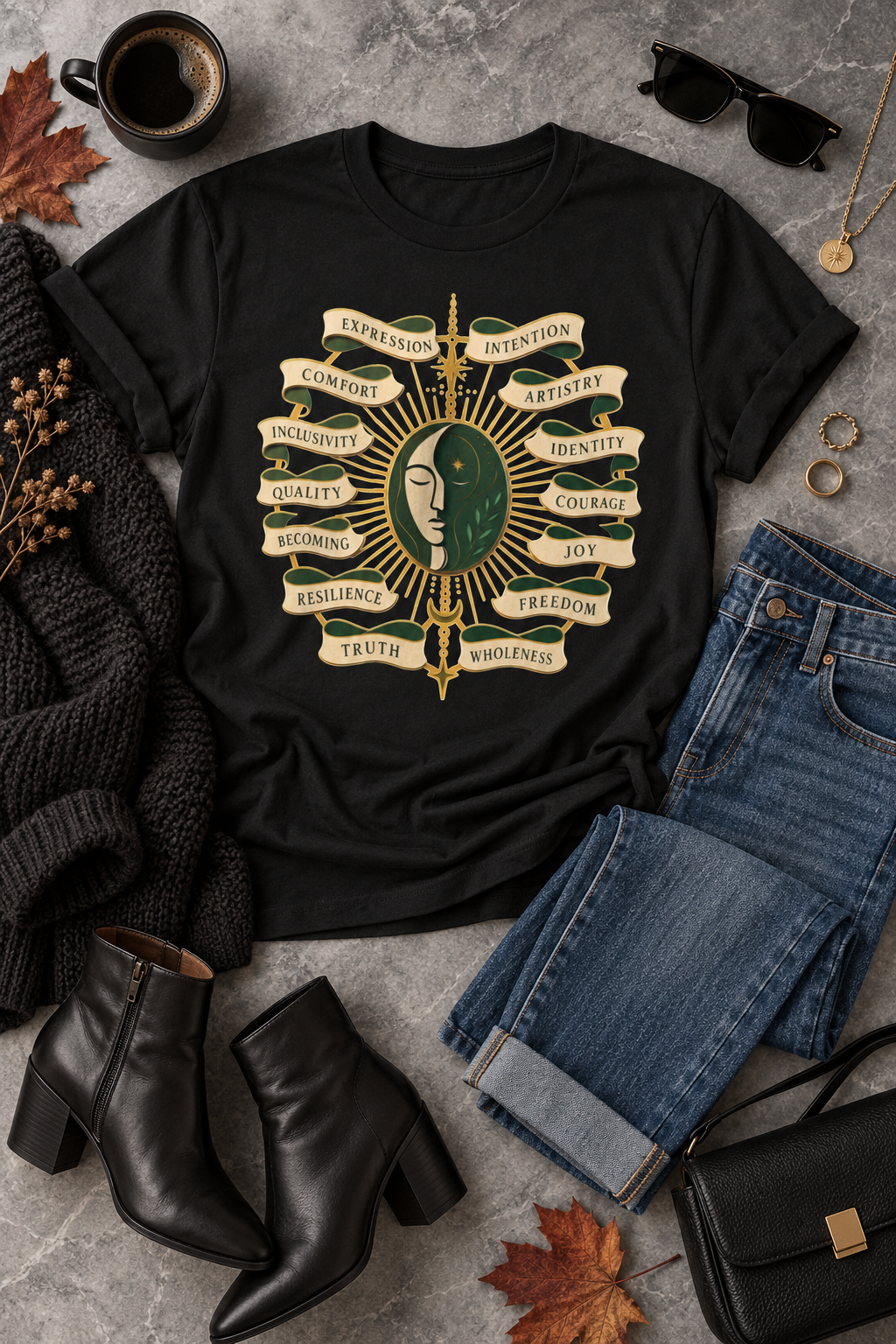 Personal Growth Graphic Tee: Celestial Face and Becoming Words