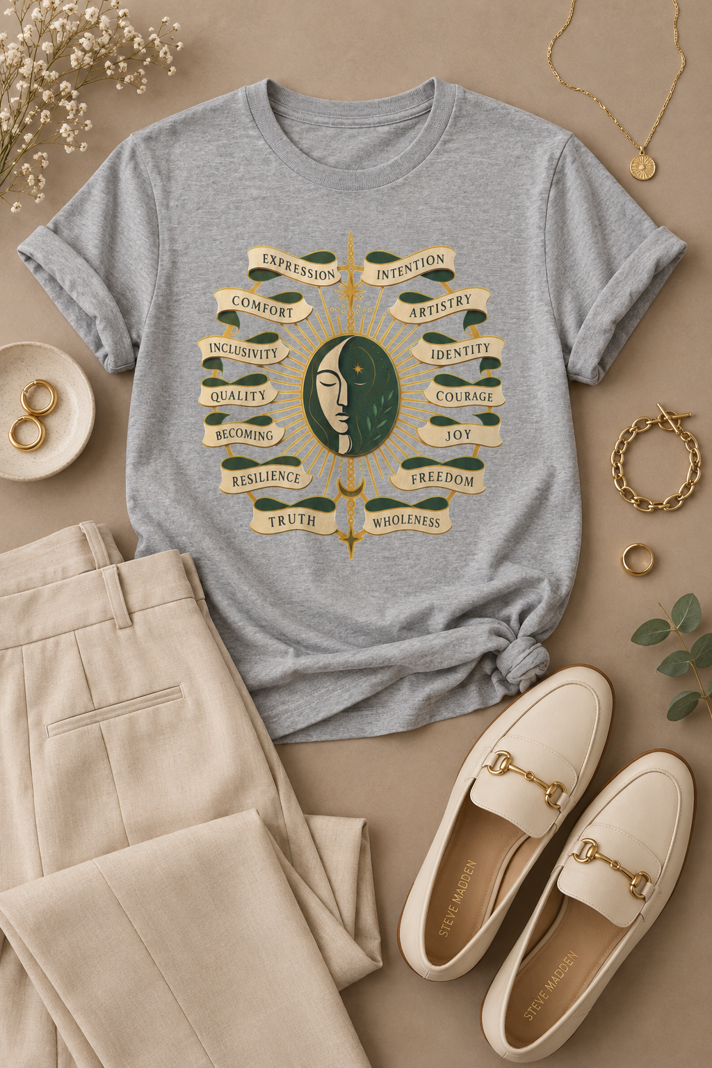 Personal Growth Graphic Tee: Celestial Face and Becoming Words
