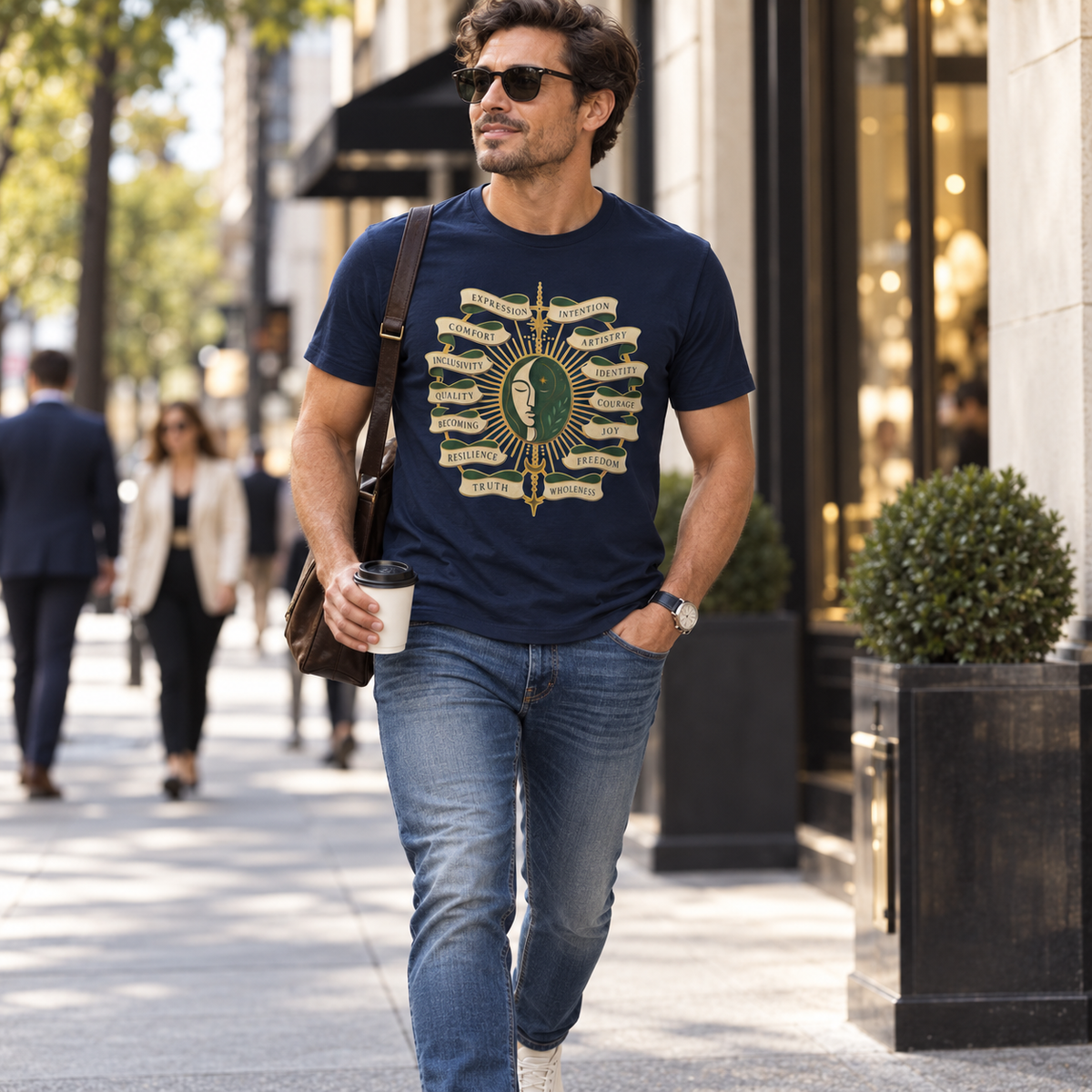 Personal Growth Graphic Tee: Celestial Face and Becoming Words