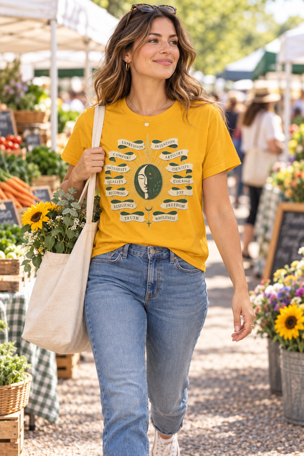 Personal Growth Graphic Tee: Celestial Face and Becoming Words