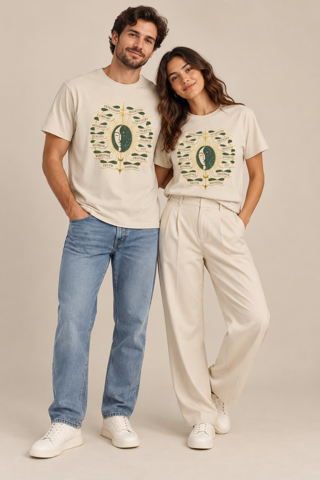Personal Growth Graphic Tee: Celestial Face and Becoming Words