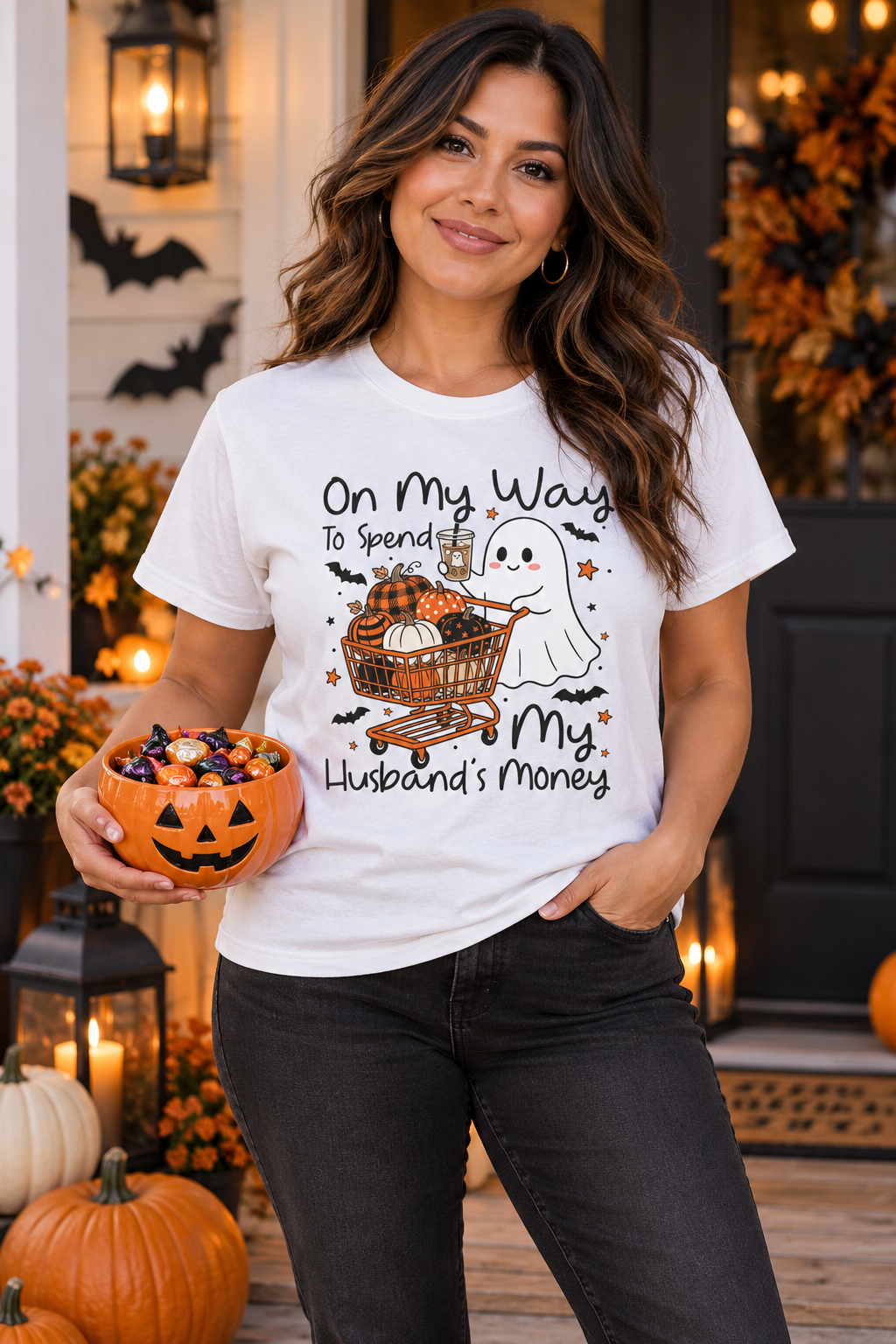 Funny Halloween Shirt: Husbands Money Ghost Shopping Tee