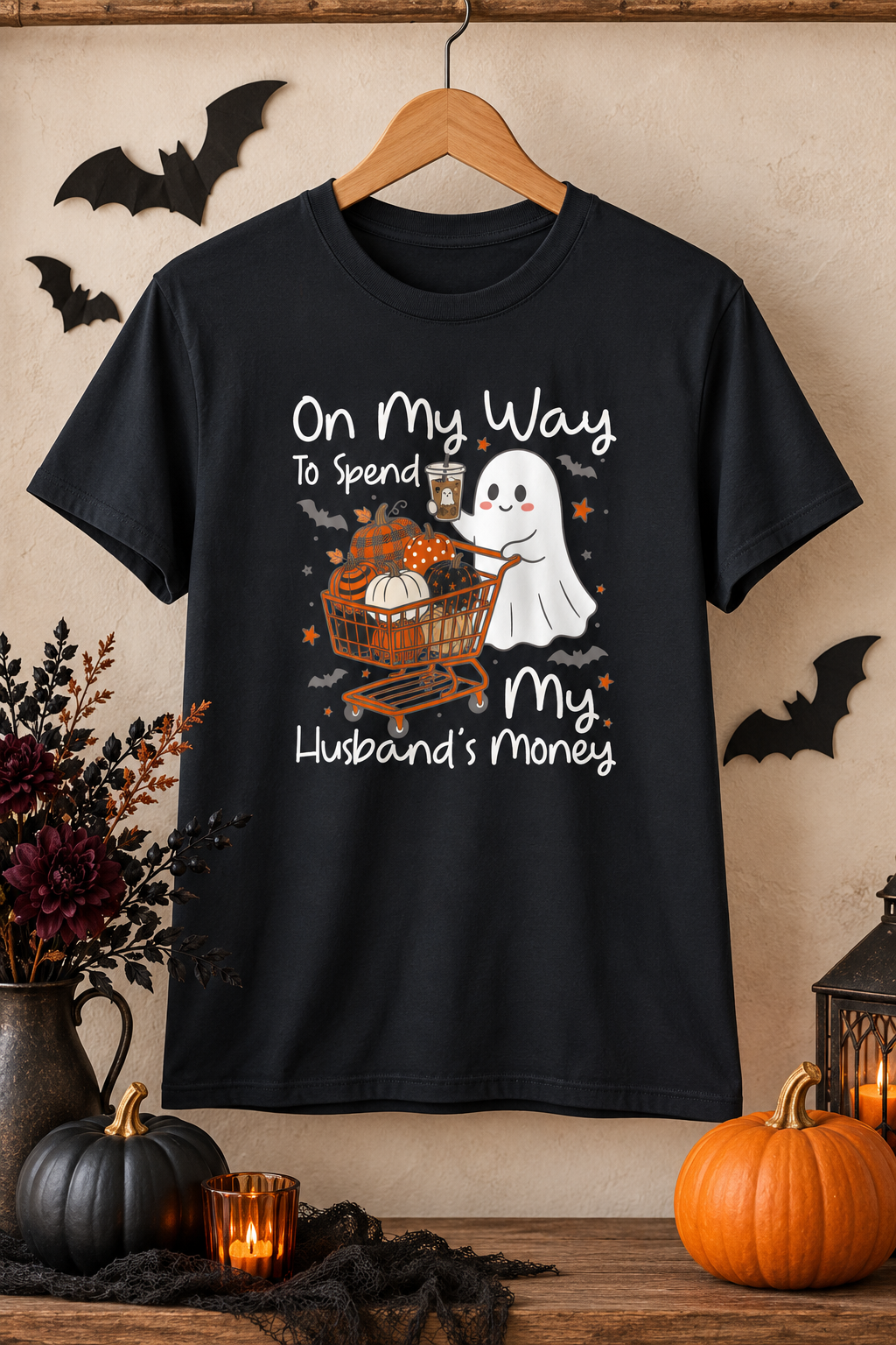 Funny Halloween Shirt: Husbands Money Ghost Shopping Tee