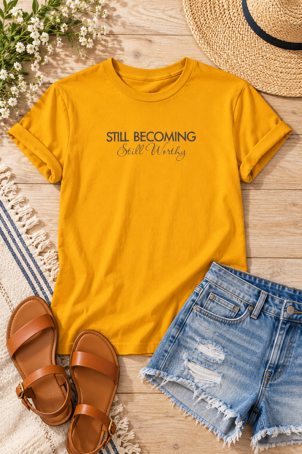 Self Worth Shirt, Still Becoming Still Worthy, Unisex Cotton Graphic Tee