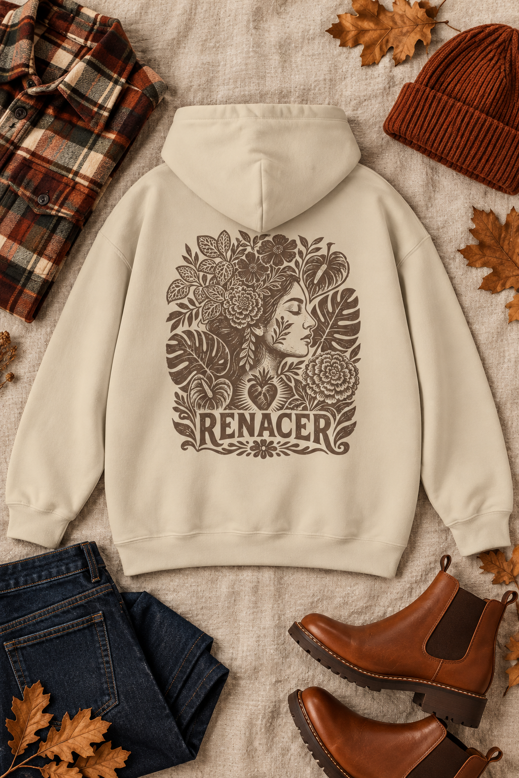 An beige hooded sweatshirt laid flat on a textured beige fabric background, surrounded by autumn-themed props including a plaid shirt, jeans, boots, a beanie, and scattered leaves. The back of the hoodie features a large dark brown graphic of a woman's profile surrounded by flowers and the word 'RENACER'.