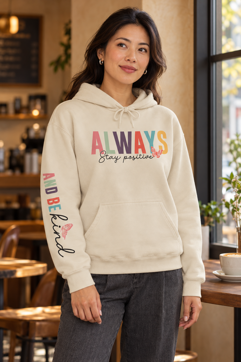 A woman wearing a beige pullover hoodie featuring a colorful graphic on the chest that reads 'ALWAYS Stay positive' with small butterfly accents, and additional small graphics 'ALWAYS BE KIND' printed down the right sleeve standing in a cafe setting.