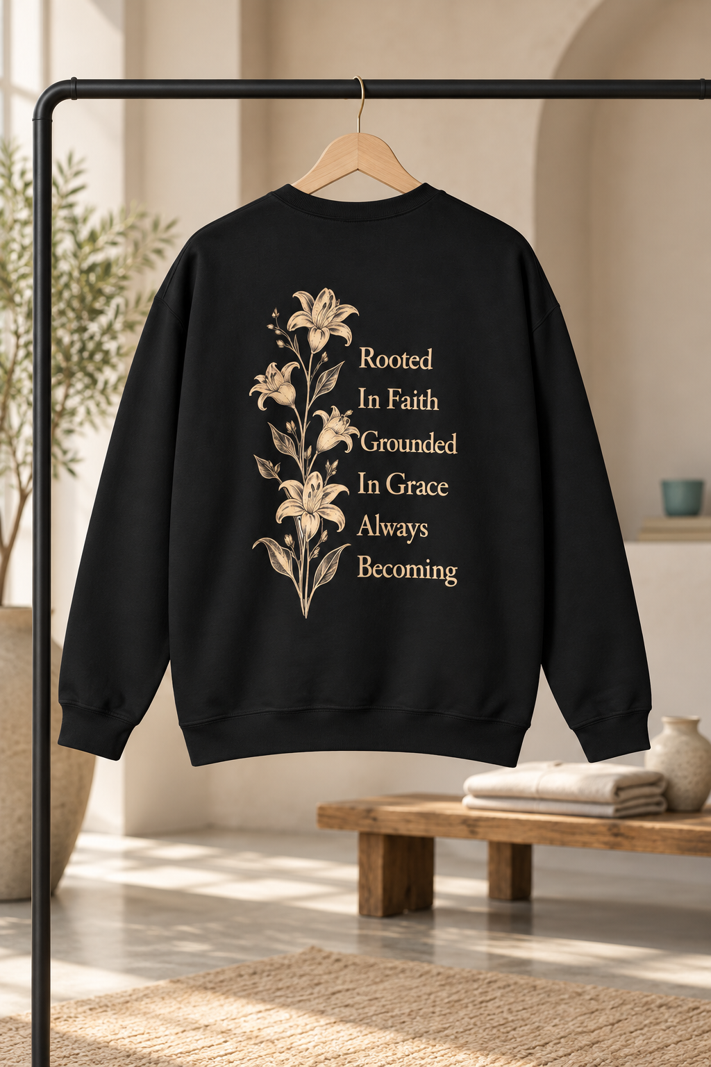 A black crewneck sweatshirt hanging on a wooden hanger from a black clothing rack, featuring a beige floral and text graphic on the back. The background is a softly blurred, warm-toned interior with a wooden bench and plants.