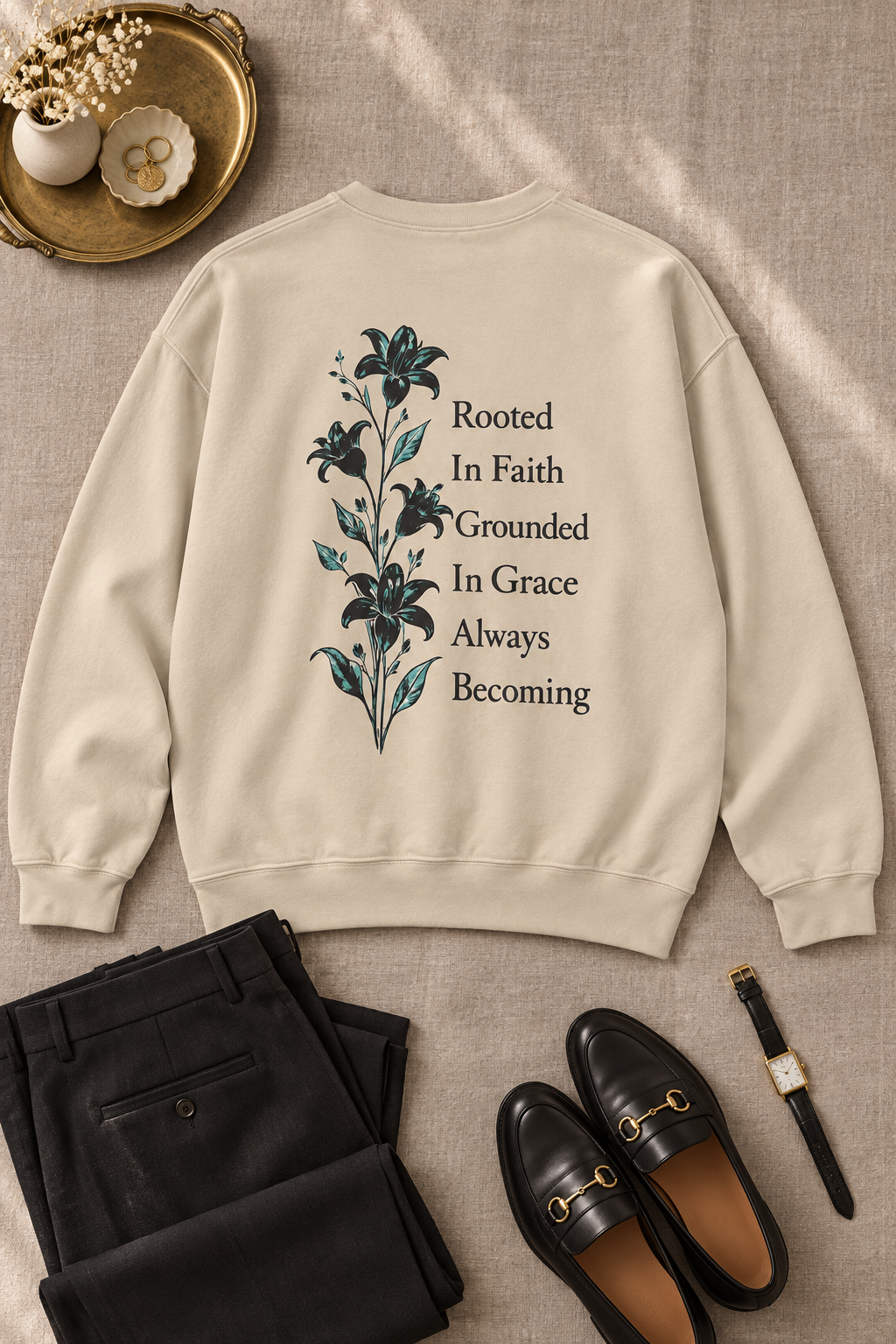 An off-white crewneck sweatshirt with a botanical floral graphic and the text 'Rooted In Faith Grounded In Grace Always Becoming' printed on the back, styled in a flat lay with black trousers, black loafers, and a watch on a textured beige fabric background.
