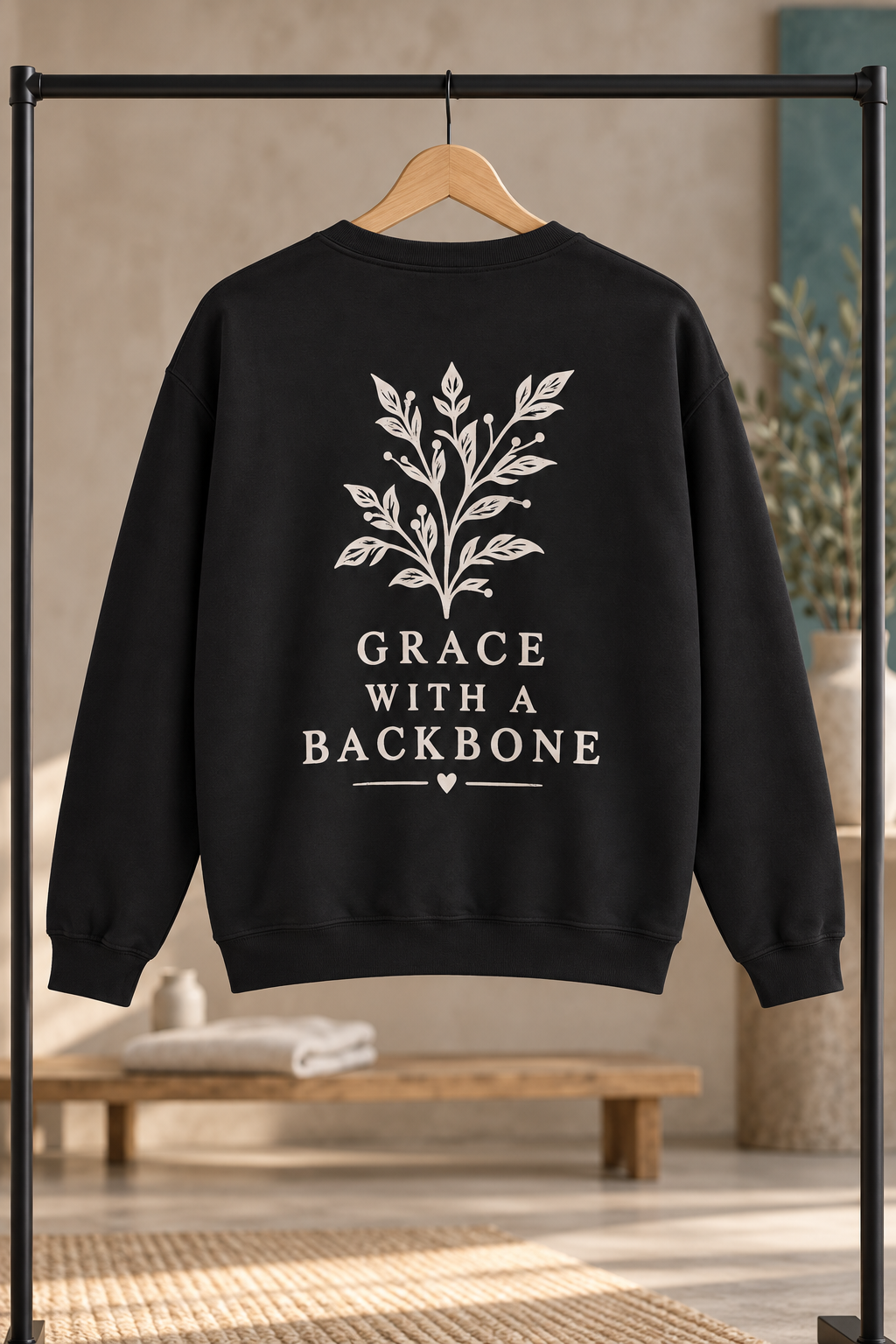 A black crewneck sweatshirt hanging on a wooden hanger from a black clothing rack, featuring a cream graphic of a leafy branch and the text 'GRACE WITH A BACKBONE' on the back. The background shows a softly blurred, warm-toned indoor room with a low wooden bench.