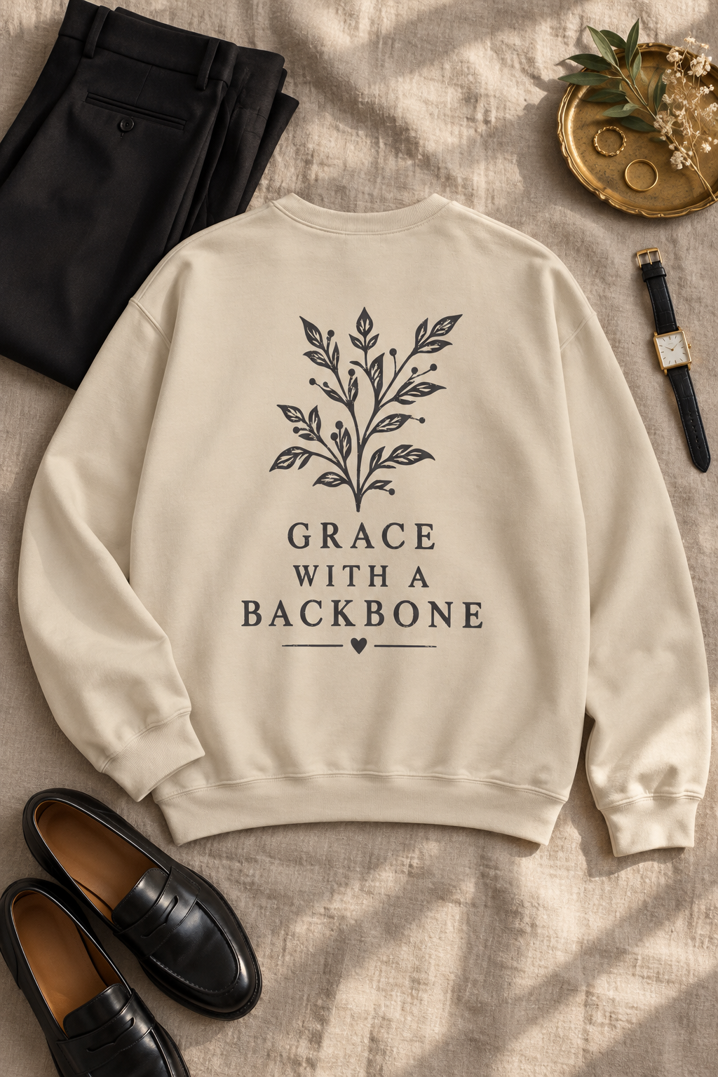 A beige crewneck sweatshirt with a black botanical graphic and the text 'GRACE WITH A BACKBONE' on the back, styled in a flat lay with black trousers, black loafers, a watch, and a gold tray on a beige linen background.