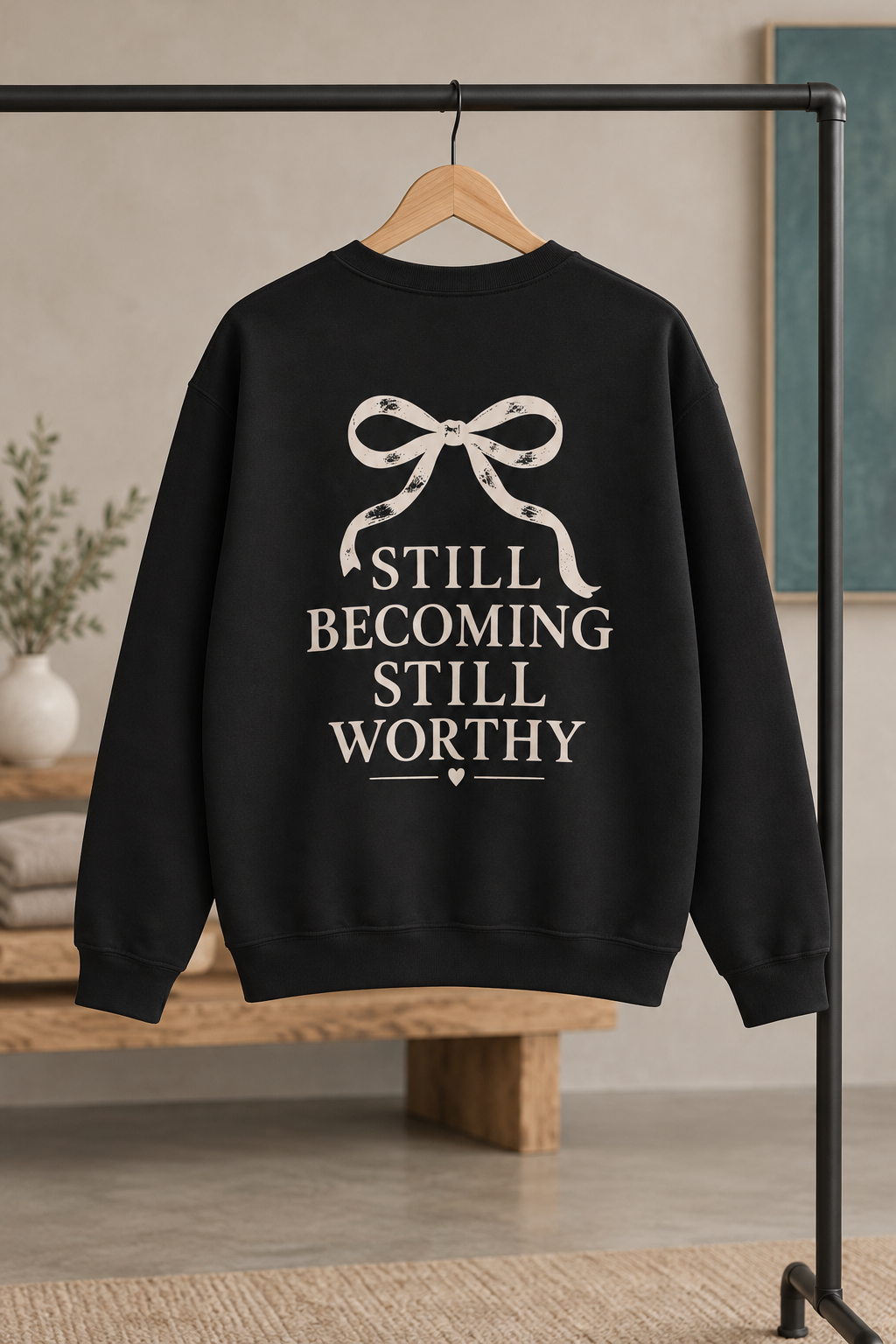 A black crewneck sweatshirt hanging on a wooden hanger from a black clothing rack, featuring a cream graphic print of a ribbon bow and the text 'STILL BECOMING STILL WORTHY' on the back. The background is a softly blurred indoor room setting.