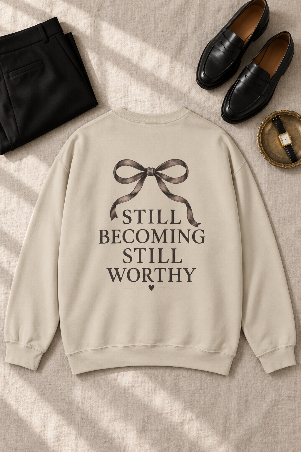 A cream-colored crewneck sweatshirt with a dark brown bow graphic and the text 'STILL BECOMING STILL WORTHY' printed on the back, styled in a flat lay with black trousers, black loafers, and a small gold tray on a textured beige fabric background.
