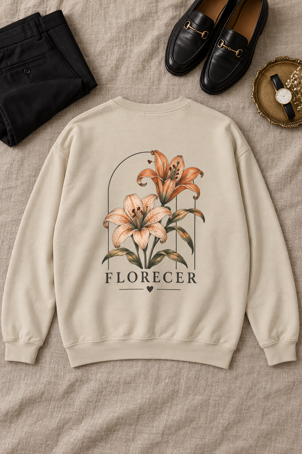 A cream-colored crewneck sweatshirt with a large graphic of two lilies and the word 'FLORECER' printed on the back, styled in a flat lay with black trousers, black loafers, a watch, and a small gold tray on a beige linen background.