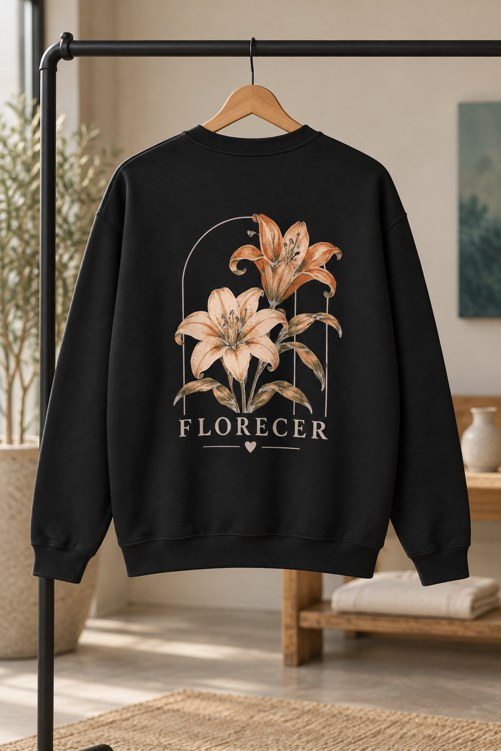 A black crewneck sweatshirt hanging on a wooden hanger from a black clothing rack, featuring a large graphic of two lilies with the word 'FLORECER' printed below, set against a softly blurred indoor background.